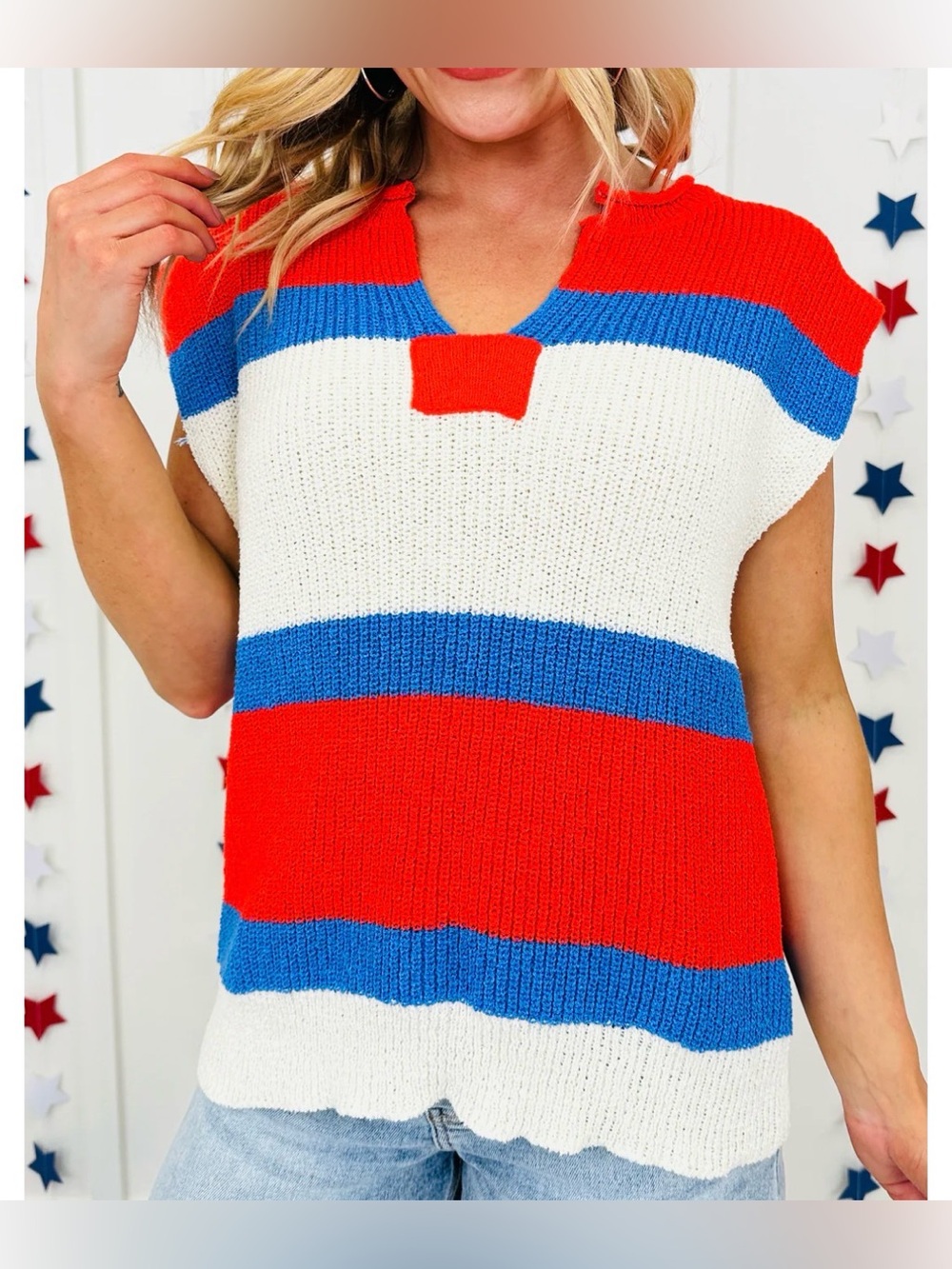 BiBi Boutique Red White Blue Stripe Lightweight Sweater Top Size XL